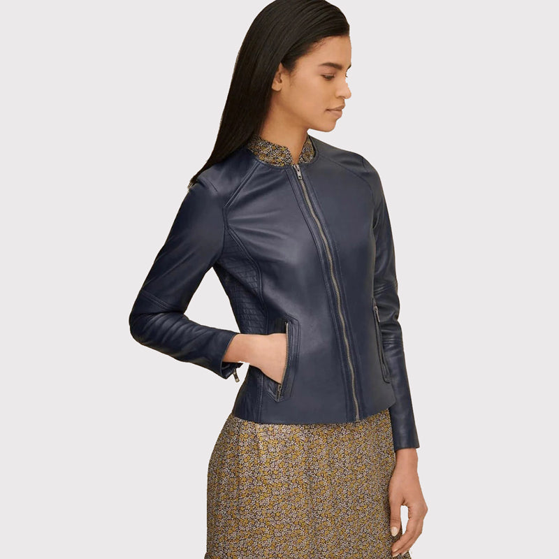 Veste en cuir bleu classique à col ras du cou pour femme