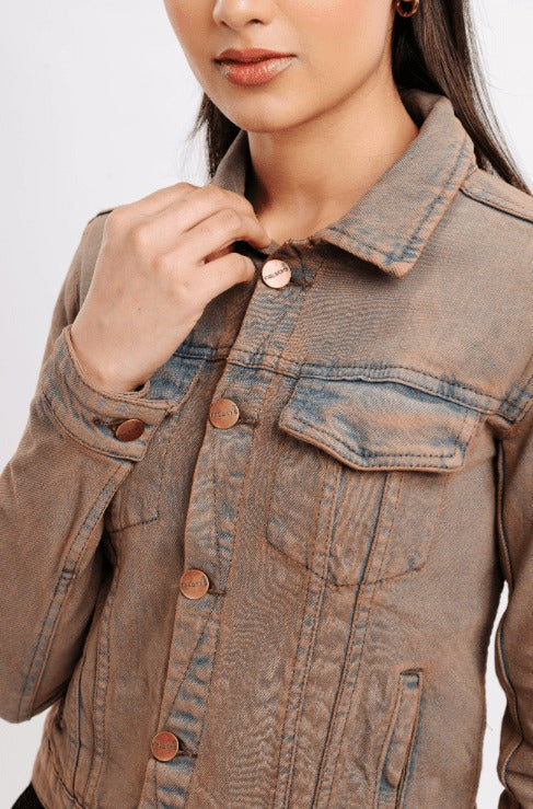 Veste camionneur en denim vieilli pour femme - Style décontracté marron