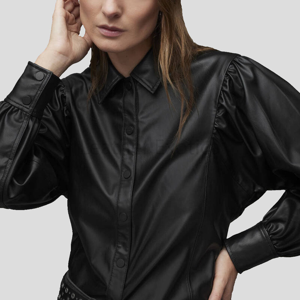 Chemise en cuir noire élégante à manches ballon pour femme