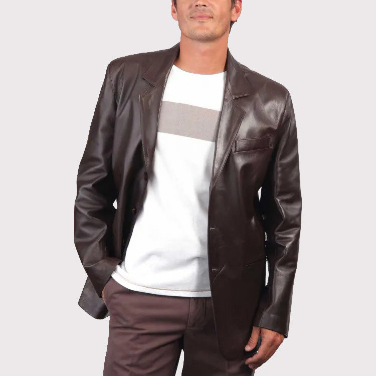 Blazer en cuir marron foncé style manteau pour homme