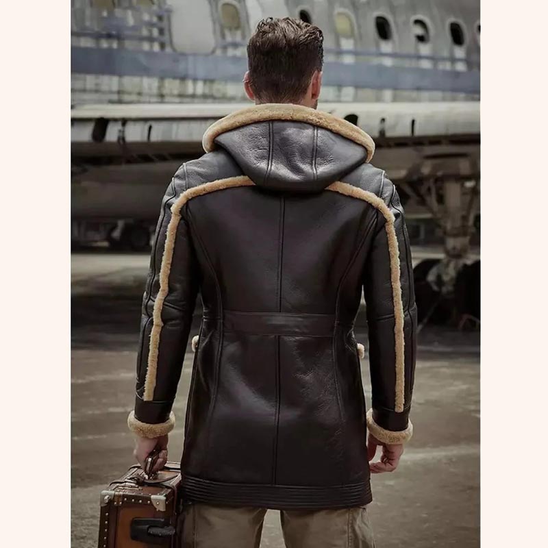 Manteau en cuir de mouton pour homme B7 Bomber avec capuche en marron foncé