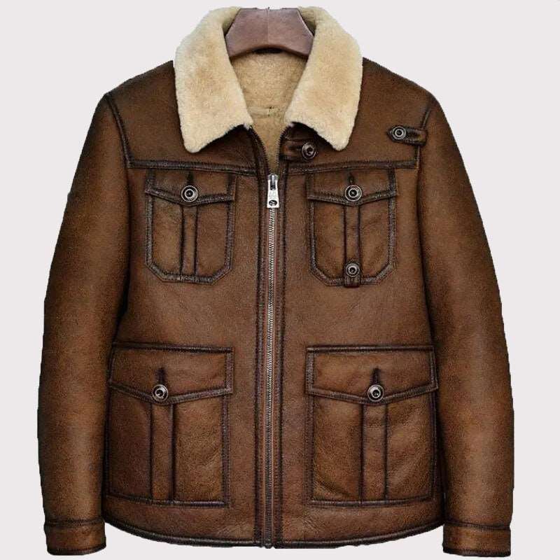 Blouson aviateur classique en peau de mouton retournée B3 marron foncé - Manteau en fourrure de pilote pour homme