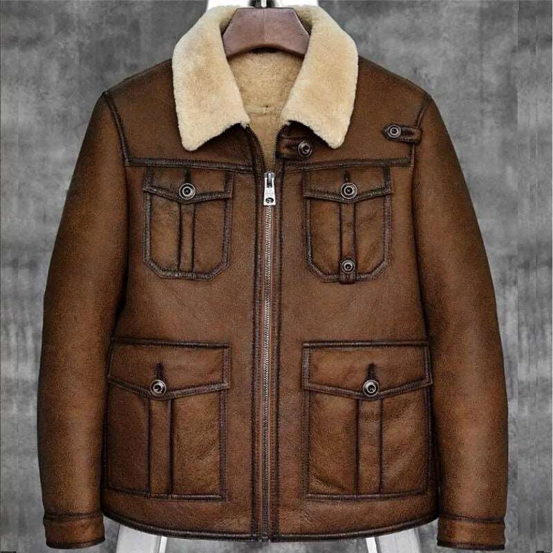 Blouson aviateur classique en peau de mouton retournée B3 marron foncé - Manteau en fourrure de pilote pour homme