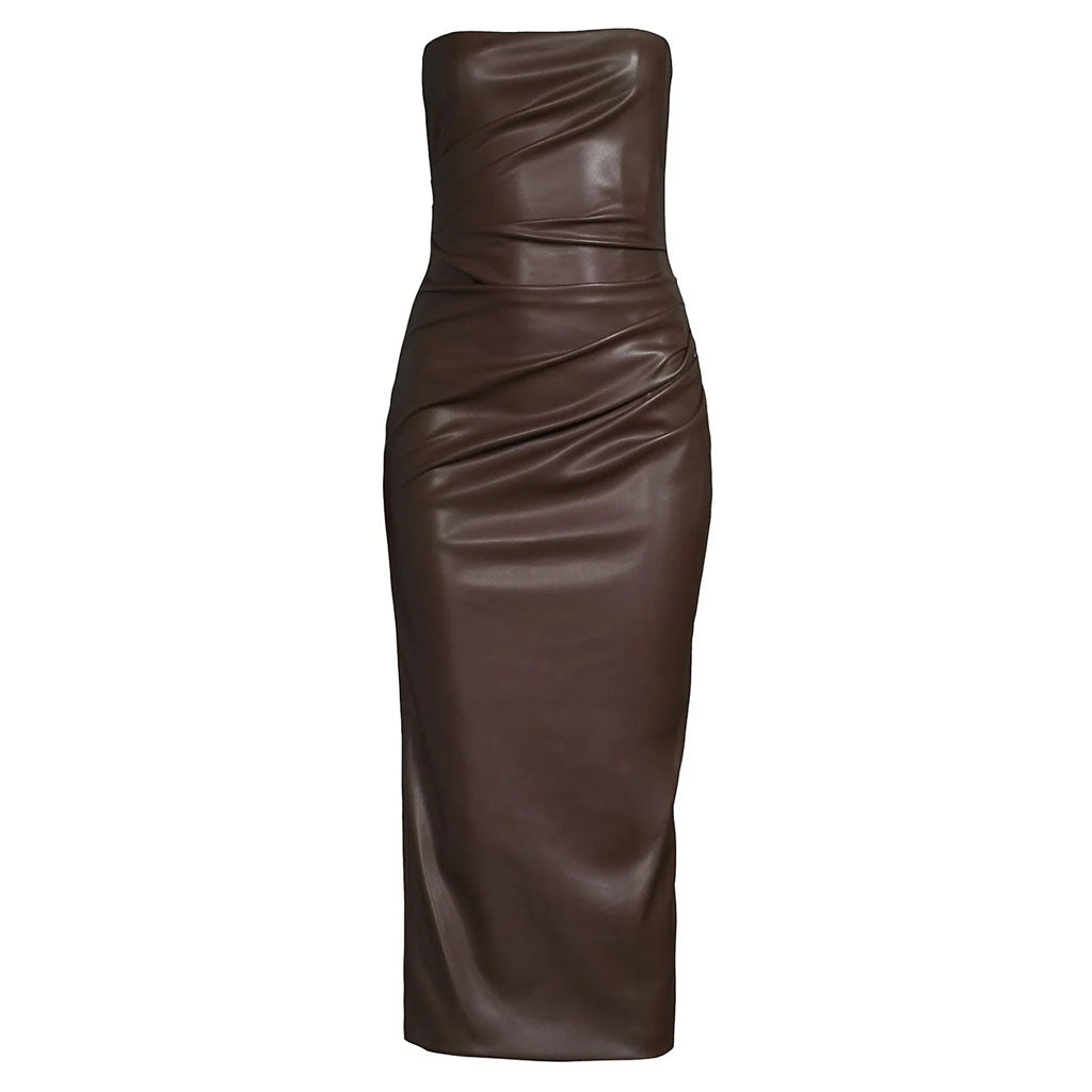 Robe tube minimaliste en cuir marron foncé - Édition d'automne