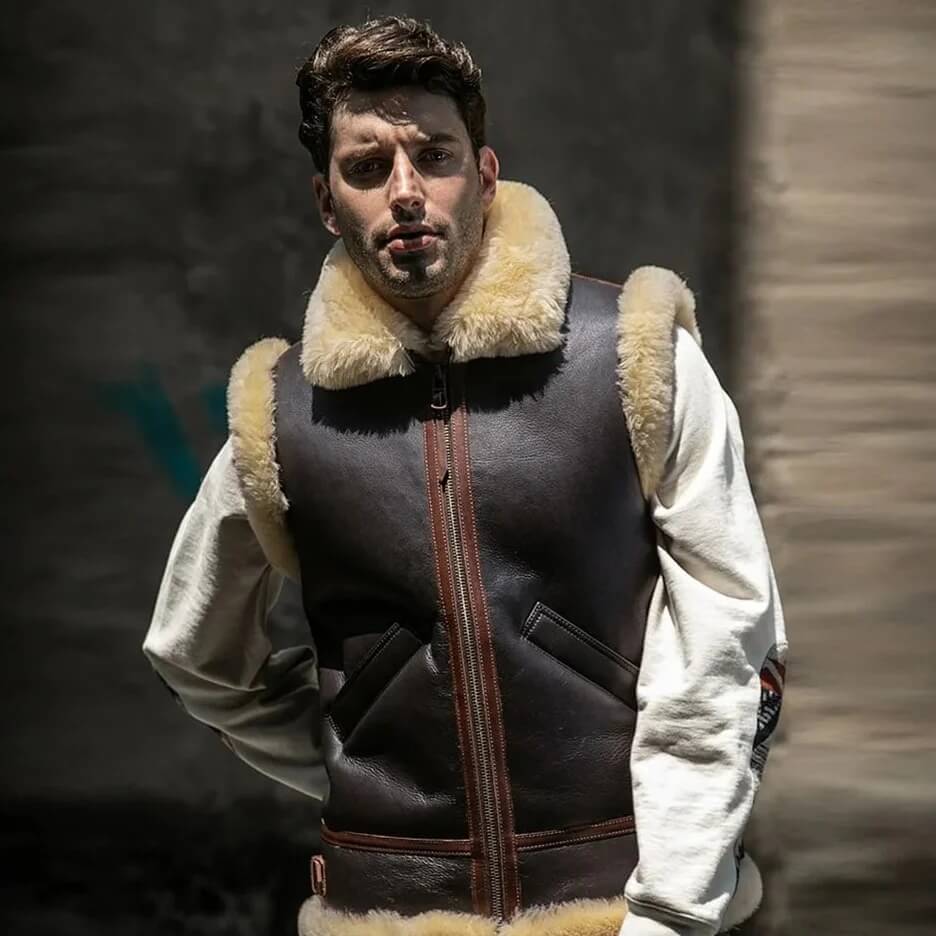 Gilet en cuir de mouton retourné marron foncé pour homme