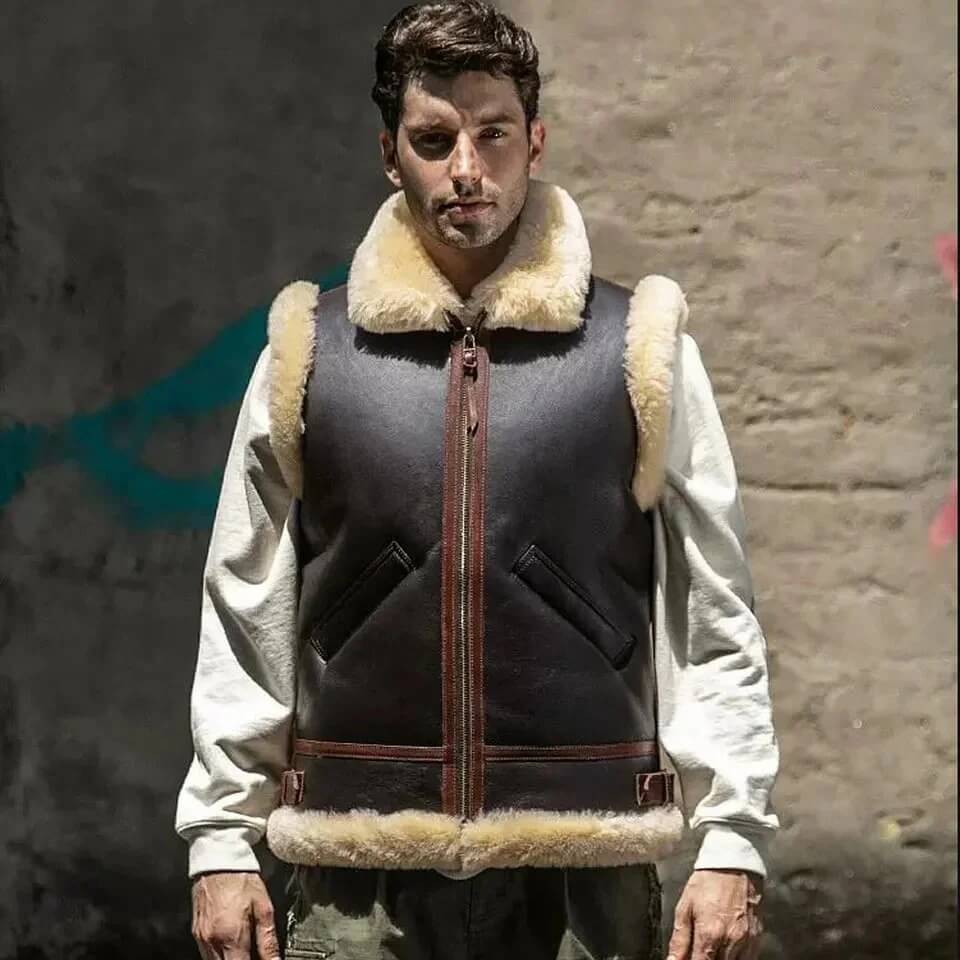 Gilet en cuir de mouton retourné marron foncé pour homme