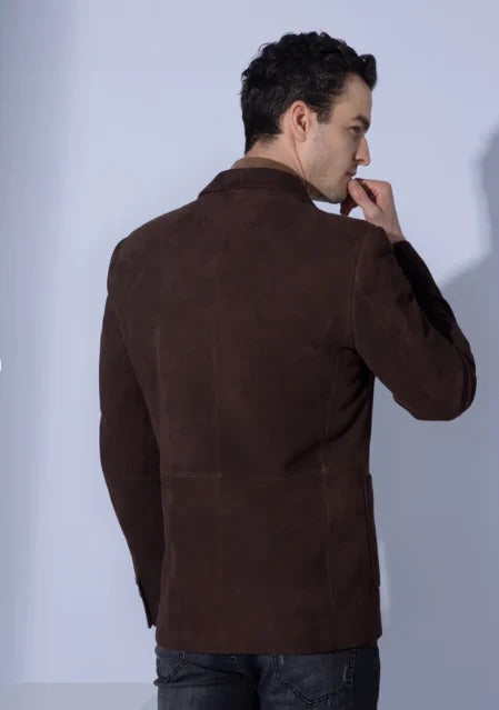 Blazer en cuir suédé marron foncé pour homme