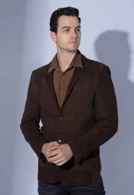 Blazer en cuir suédé marron foncé pour homme