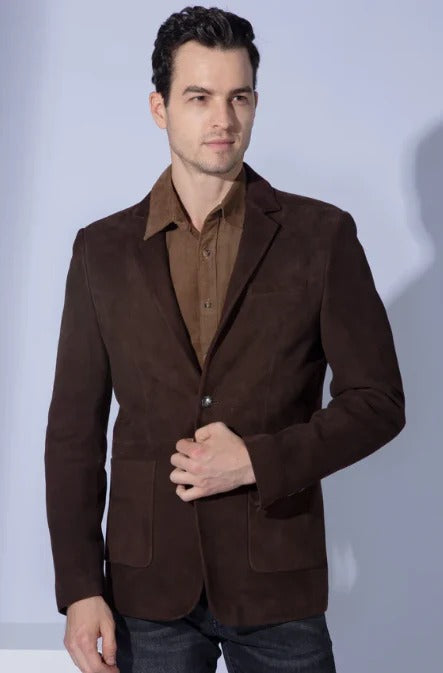 Blazer en cuir suédé marron foncé pour homme