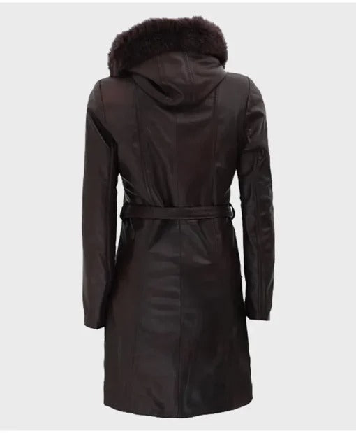 Manteau en cuir à capuche en fourrure marron foncé pour femme