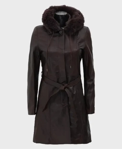 Manteau en cuir à capuche en fourrure marron foncé pour femme