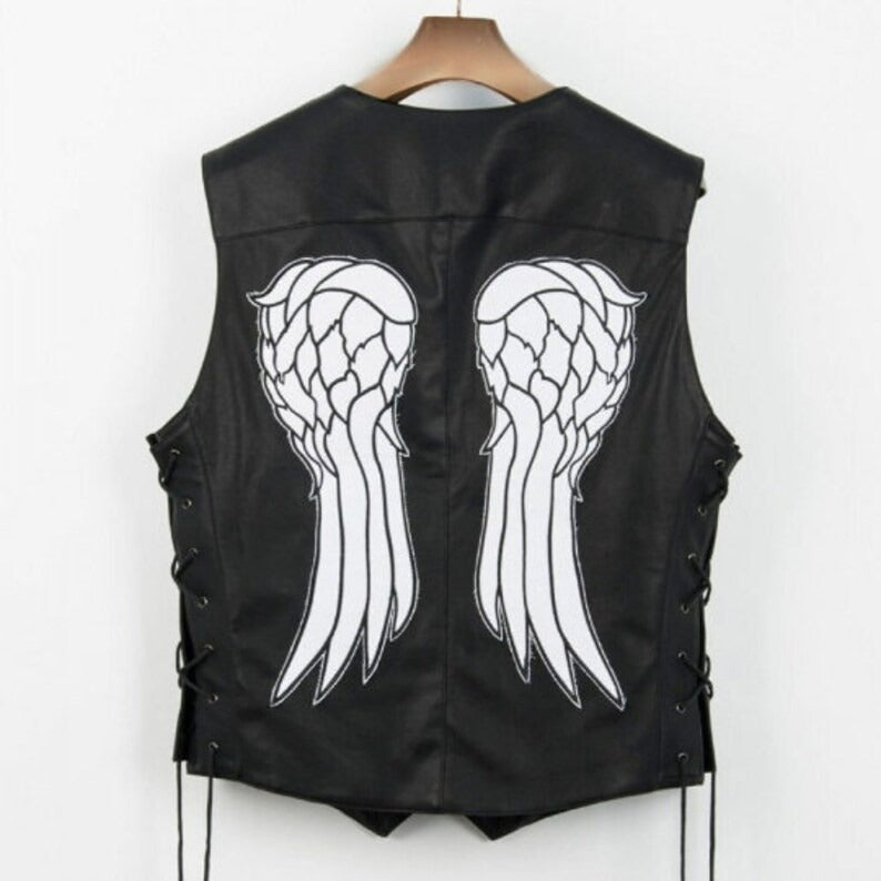 Gilet en cuir véritable avec ailes d'ange de Daryl Dixon - The Walking Dead