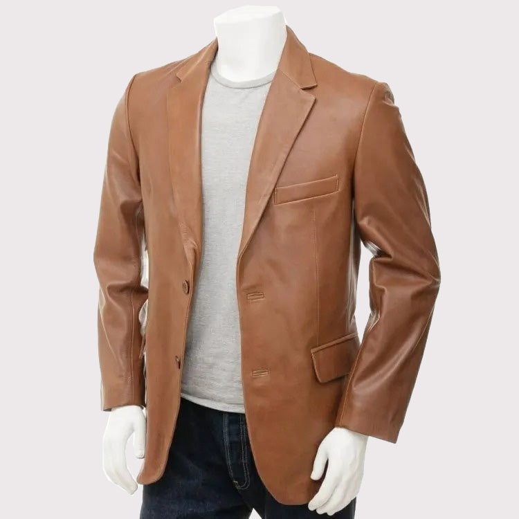 Blazer en cuir d'agneau marron de créateur avec deux boutons pour homme