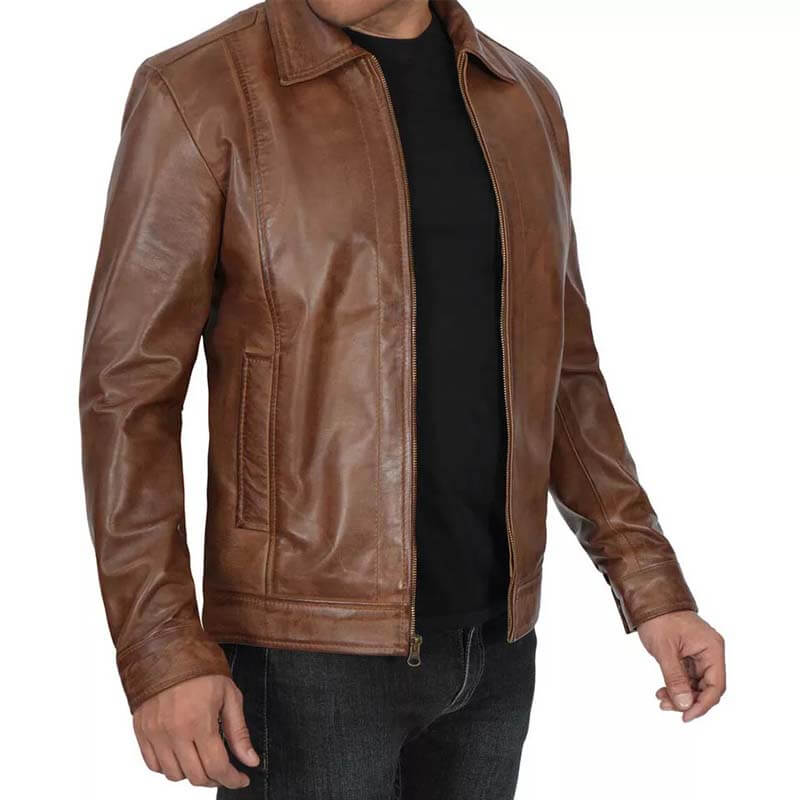 Veste en cuir véritable marron vieilli pour homme style Cafe Racer