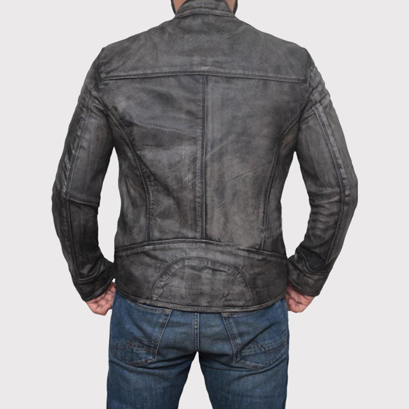 Veste de motard slim en cuir d'agneau gris foncé vieilli