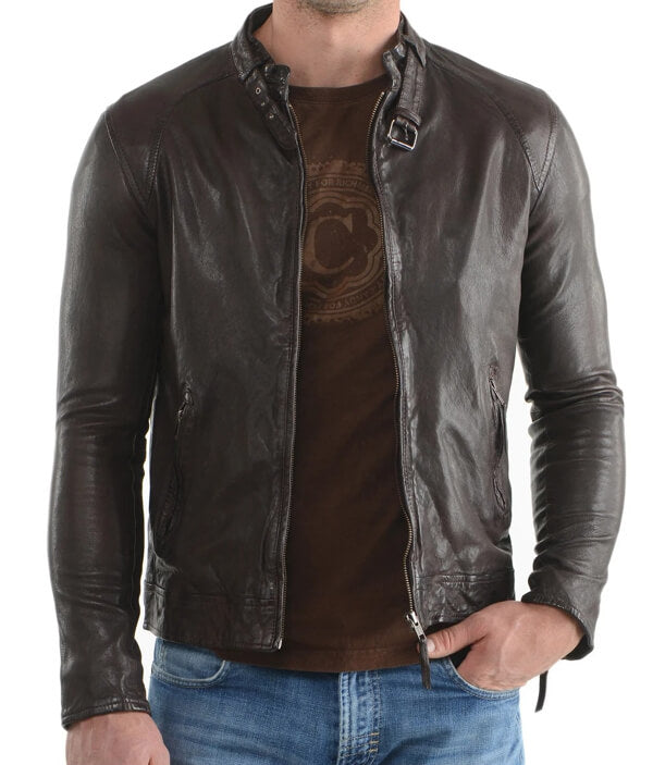 Veste élégante en cuir marron foncé pour homme