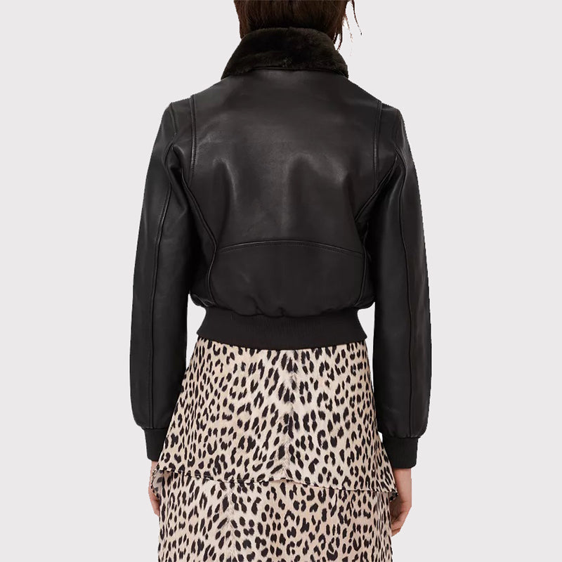 Veste élégante en cuir noir avec col en peau de mouton pour femme