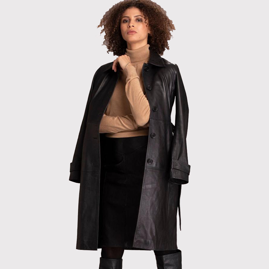 Manteau en cuir d'agneau noir conçu par des experts pour femme