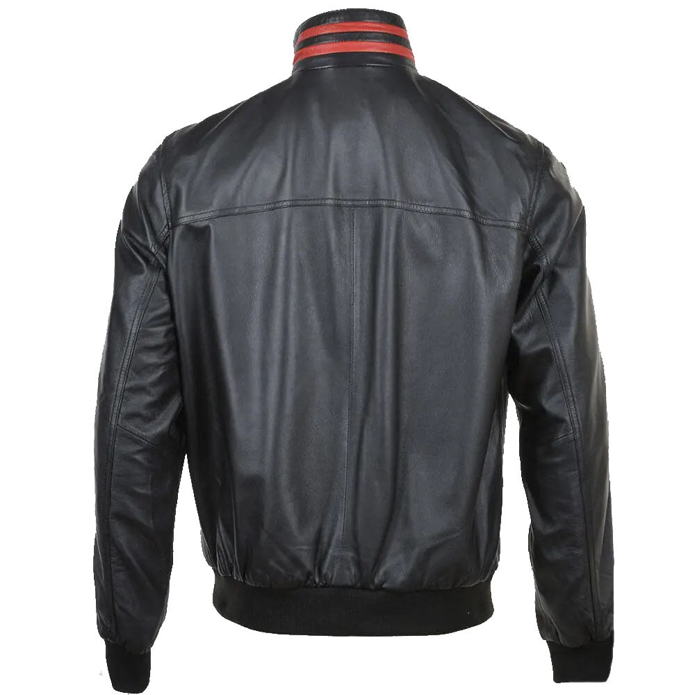 Veste bomber en cuir à col rayé rouge tendance