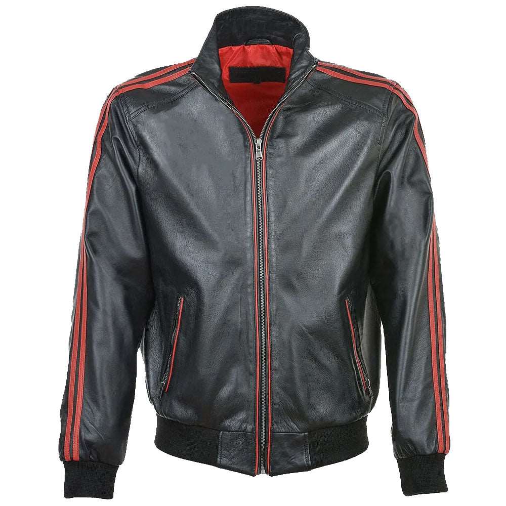 Veste bomber en cuir à col rayé rouge tendance