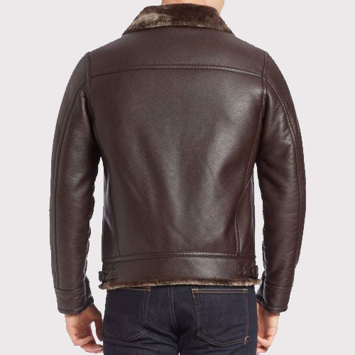 Blouson aviateur en cuir marron doublé de fausse fourrure