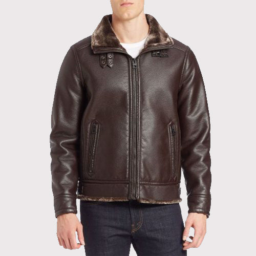 Blouson aviateur en cuir marron doublé de fausse fourrure