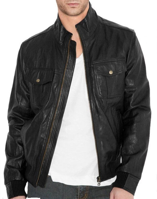 Veste en cuir noir style bombardier ajustée pour homme