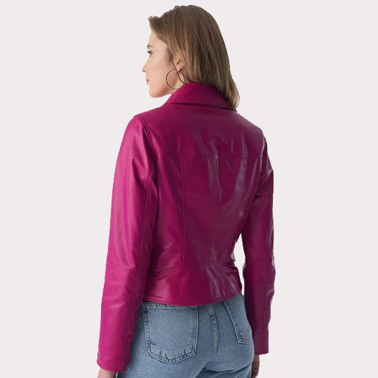 Veste motard classique en cuir nappa fuchsia pour femme