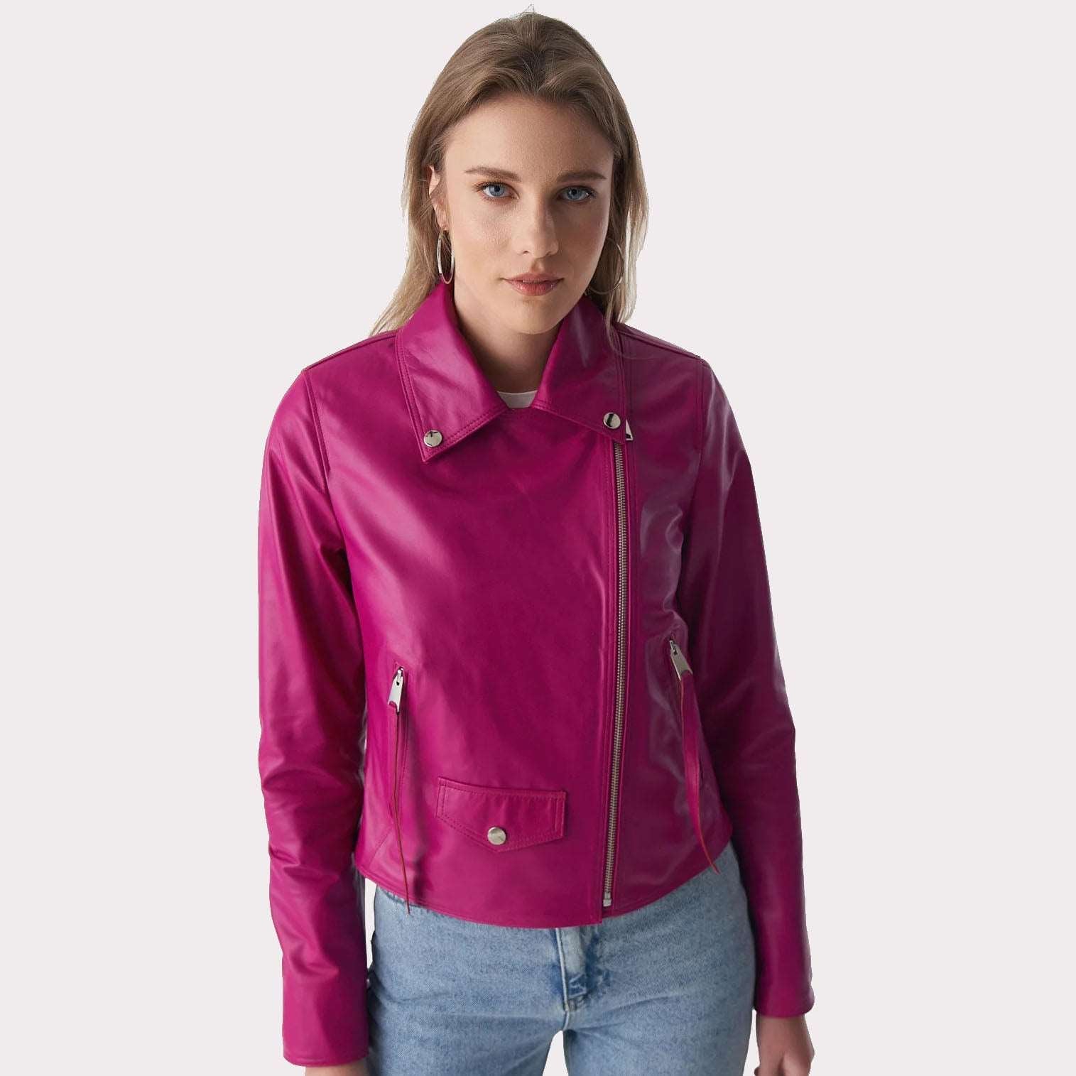 Veste motard classique en cuir nappa fuchsia pour femme