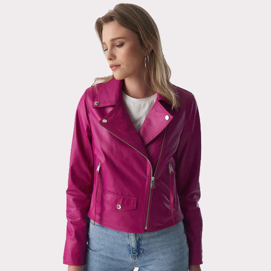 Veste motard classique en cuir nappa fuchsia pour femme