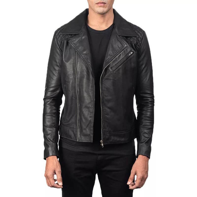 Veste de motard en cuir véritable noir pour homme