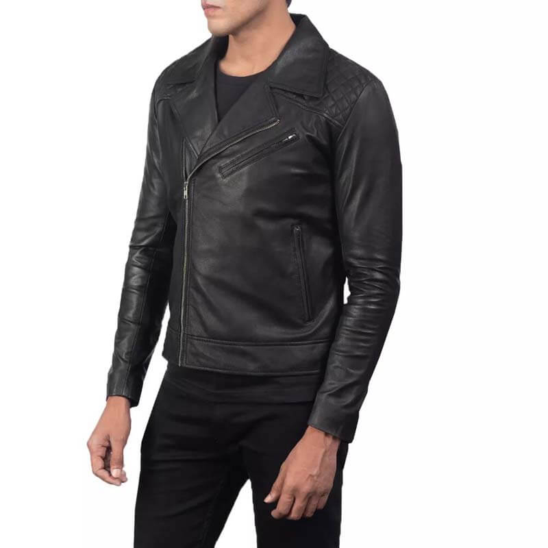 Veste de motard en cuir véritable noir pour homme