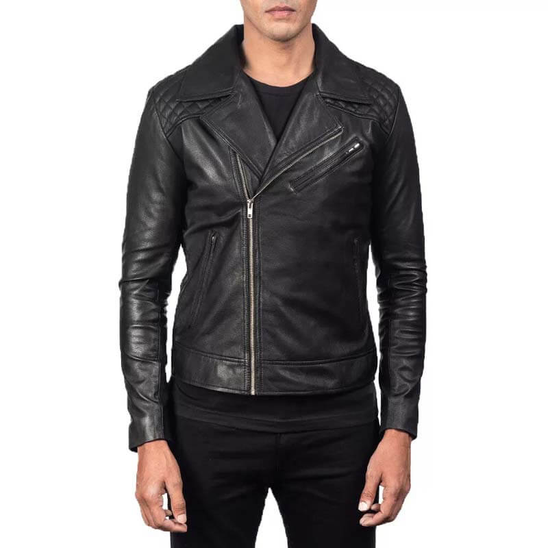 Veste de motard en cuir véritable noir pour homme