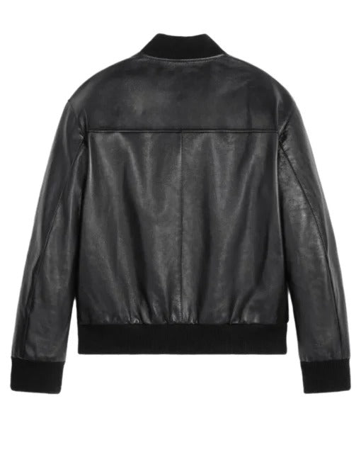 Blouson aviateur zippé en cuir véritable noir