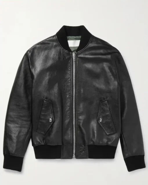 Blouson aviateur zippé en cuir véritable noir