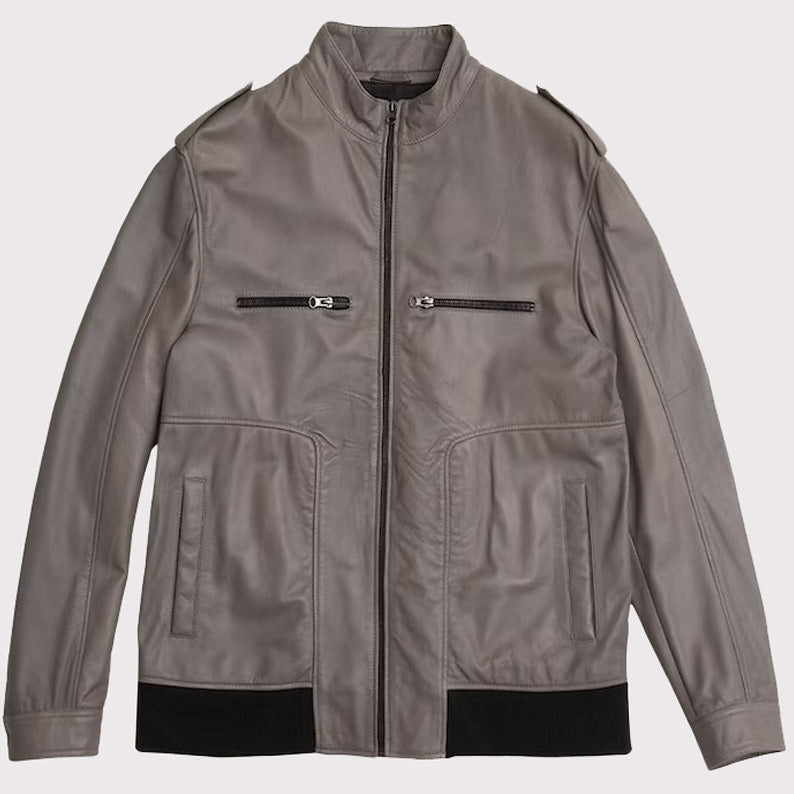 Blouson aviateur en cuir d'agneau de style allemand gris