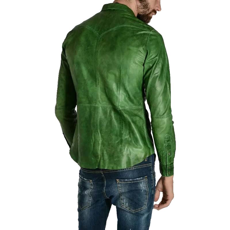 Chemise motard en cuir d'agneau nappa vert pour homme avec manches longues