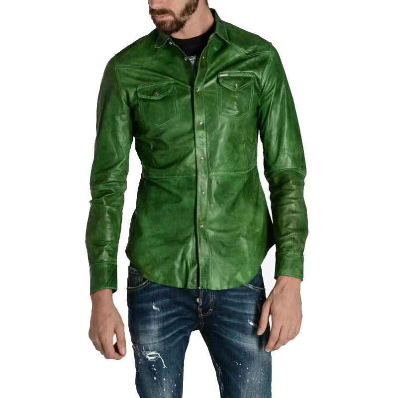 Chemise motard en cuir d'agneau nappa vert pour homme avec manches longues