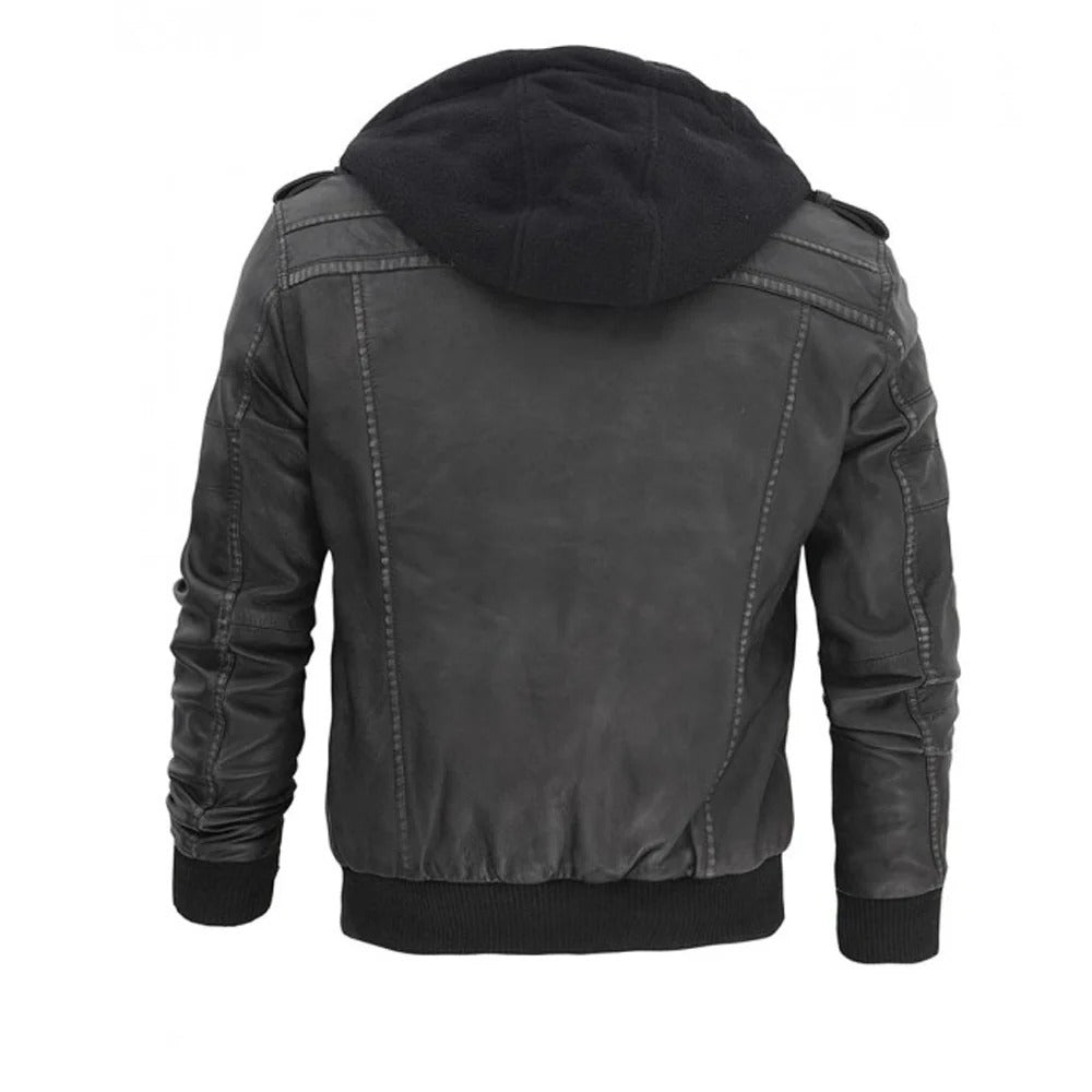 Blouson aviateur en cuir à capuche gris pour homme