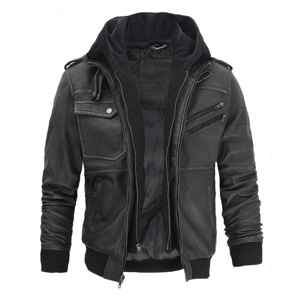 Blouson aviateur en cuir à capuche gris pour homme