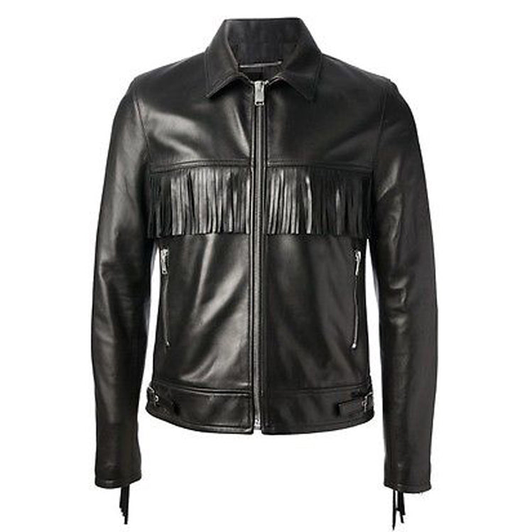 Veste en cuir à franges western noire faite à la main pour homme