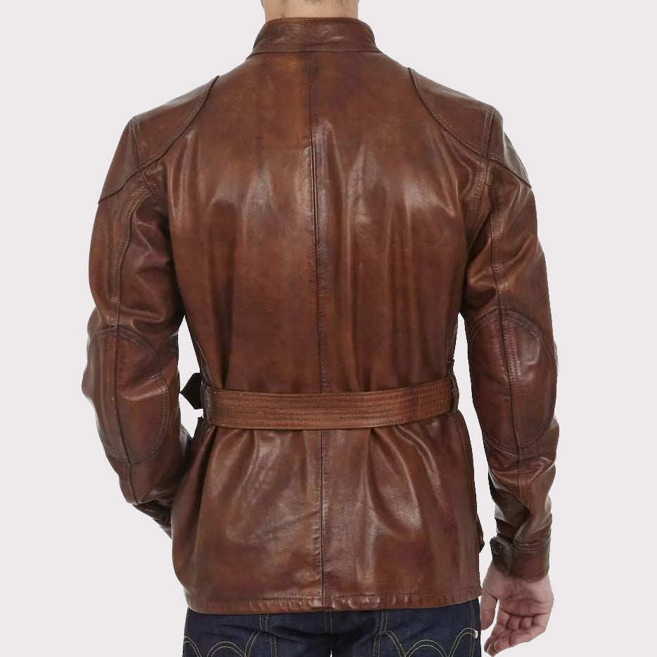 Veste de motard en cuir marron vieilli faite à la main pour homme