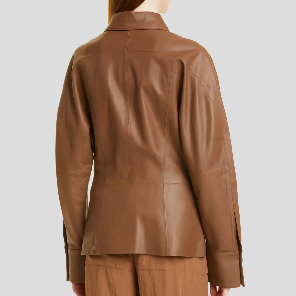 Veste chemise en cuir marron noisette pour femme