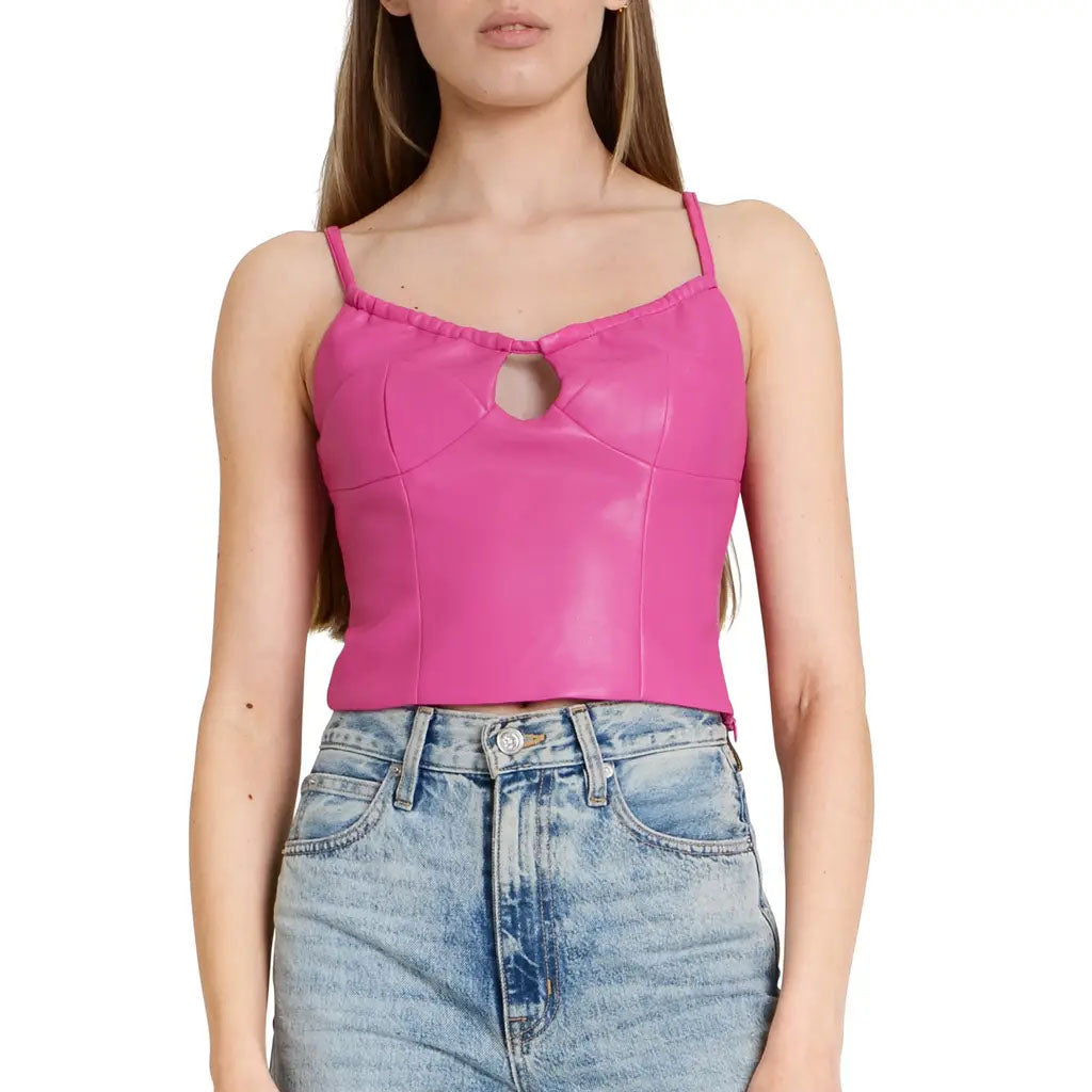 Haut caraco Barbie en cuir rose vif pour femme