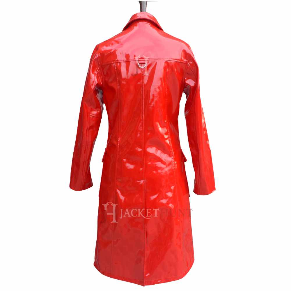 Manteau militaire à double boutonnage en vinyle PVC rouge vif pour femme