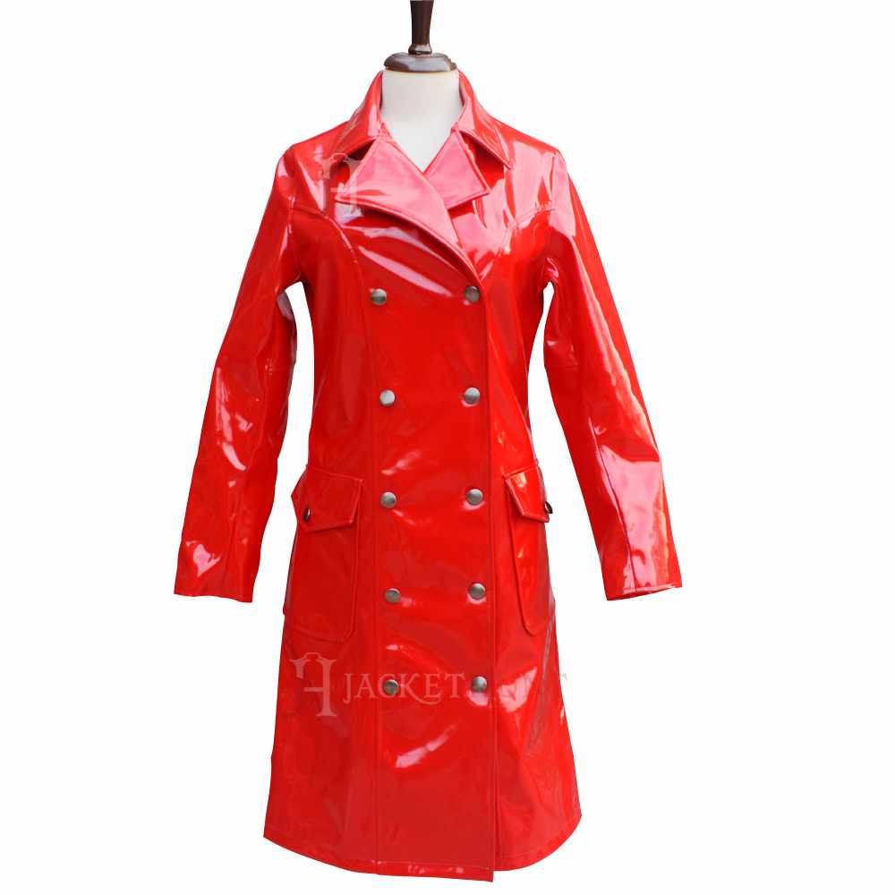 Manteau militaire à double boutonnage en vinyle PVC rouge vif pour femme