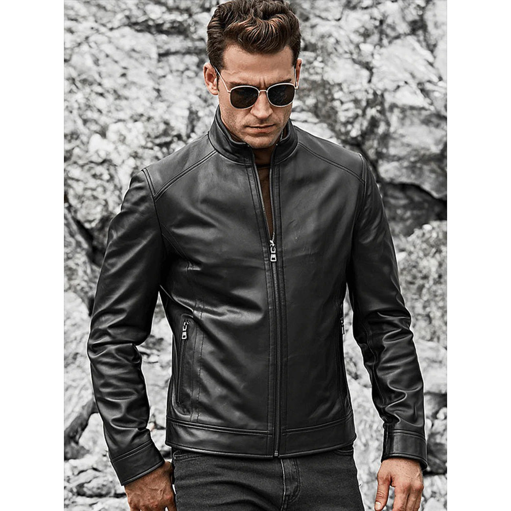 Veste de moto classique en cuir d'agneau pour homme