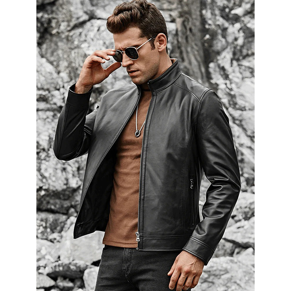 Veste de moto classique en cuir d'agneau pour homme