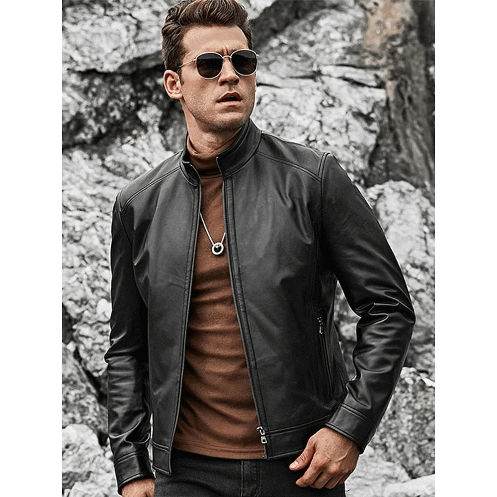 Veste de moto classique en cuir d'agneau pour homme