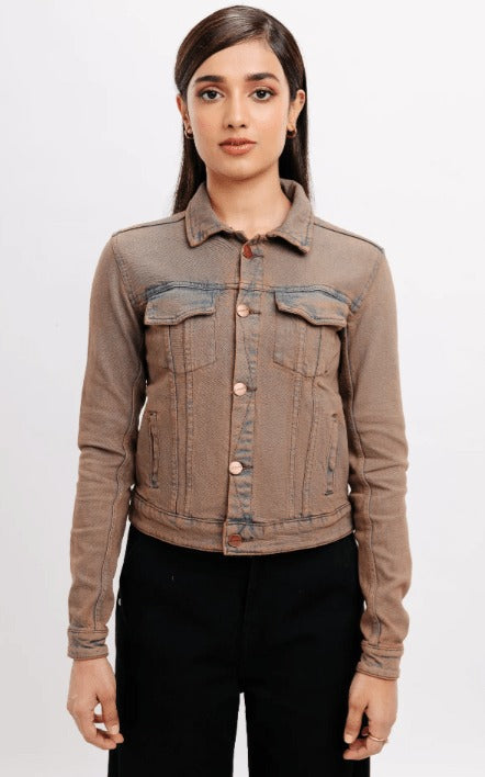 Veste camionneur en denim vieilli pour femme - Style décontracté marron